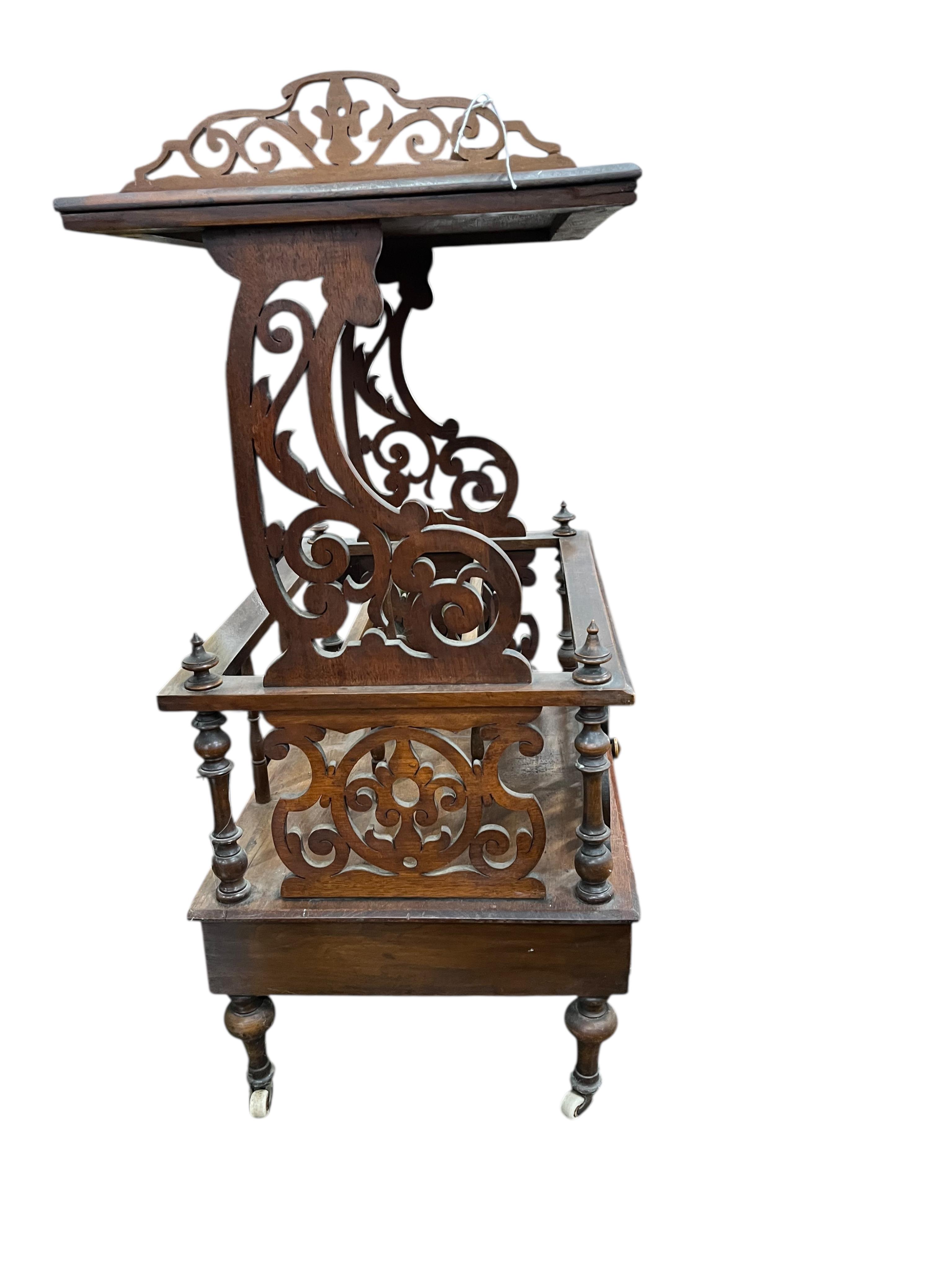 A Victorian inlaid walnut music Canterbury, width 56cm, depth 40cm, height 89cm